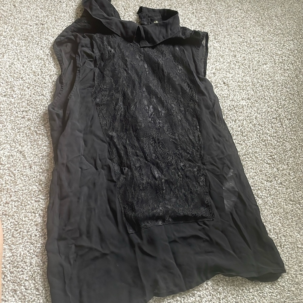 Maje size 1 black button up tank shirt with lace.